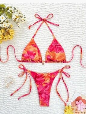 Women's 2 Pc Boho Floral String Bikini Set Halter Triangle High Cut Swimsuit  S